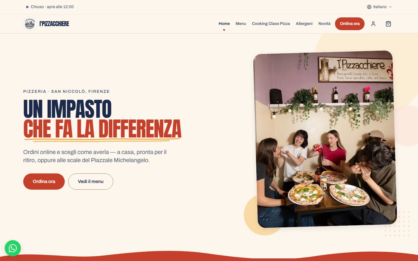 La pagina iniziale del sito di I' Pizzacchiere, pizzeria napoletana a Firenze