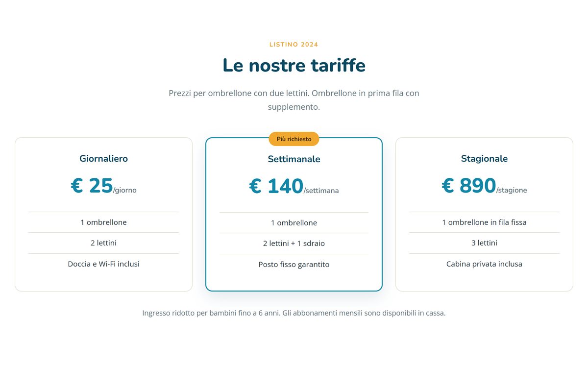 Le tariffe nel sito dimostrativo di uno stabilimento balneare