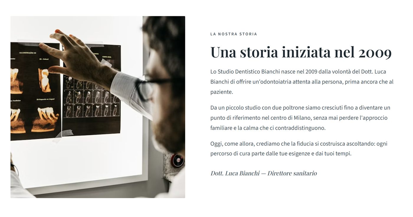 La pagina della storia nel sito dimostrativo di uno studio dentistico